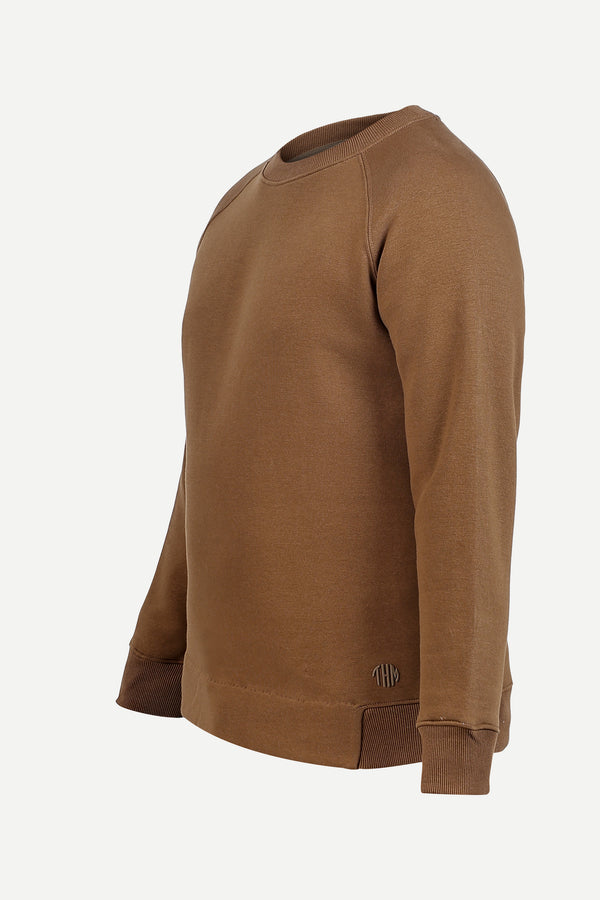 Khaki Crew Neck Sweatshirt Series IX, angled view with ribbed collar and THM logo