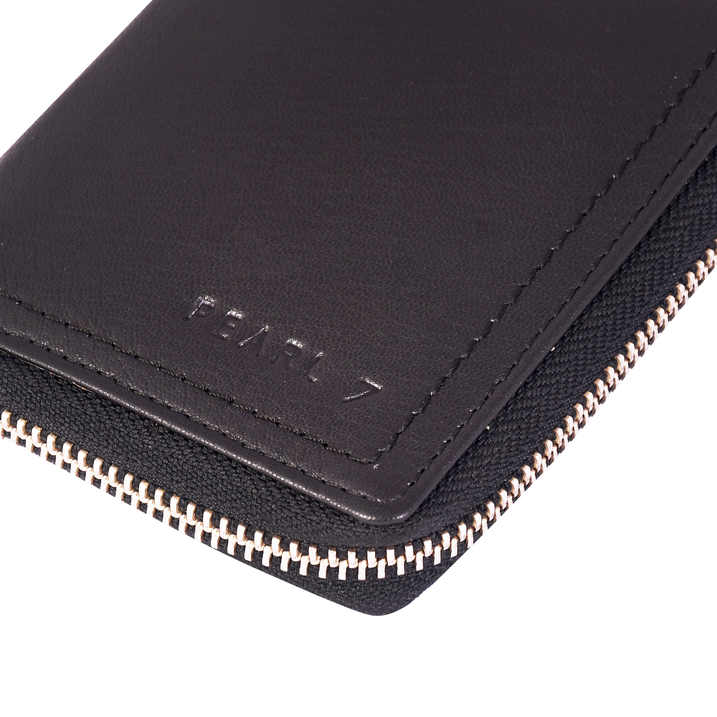 Pearl 7 Black Metal Zipped Genuine Leather Wallet