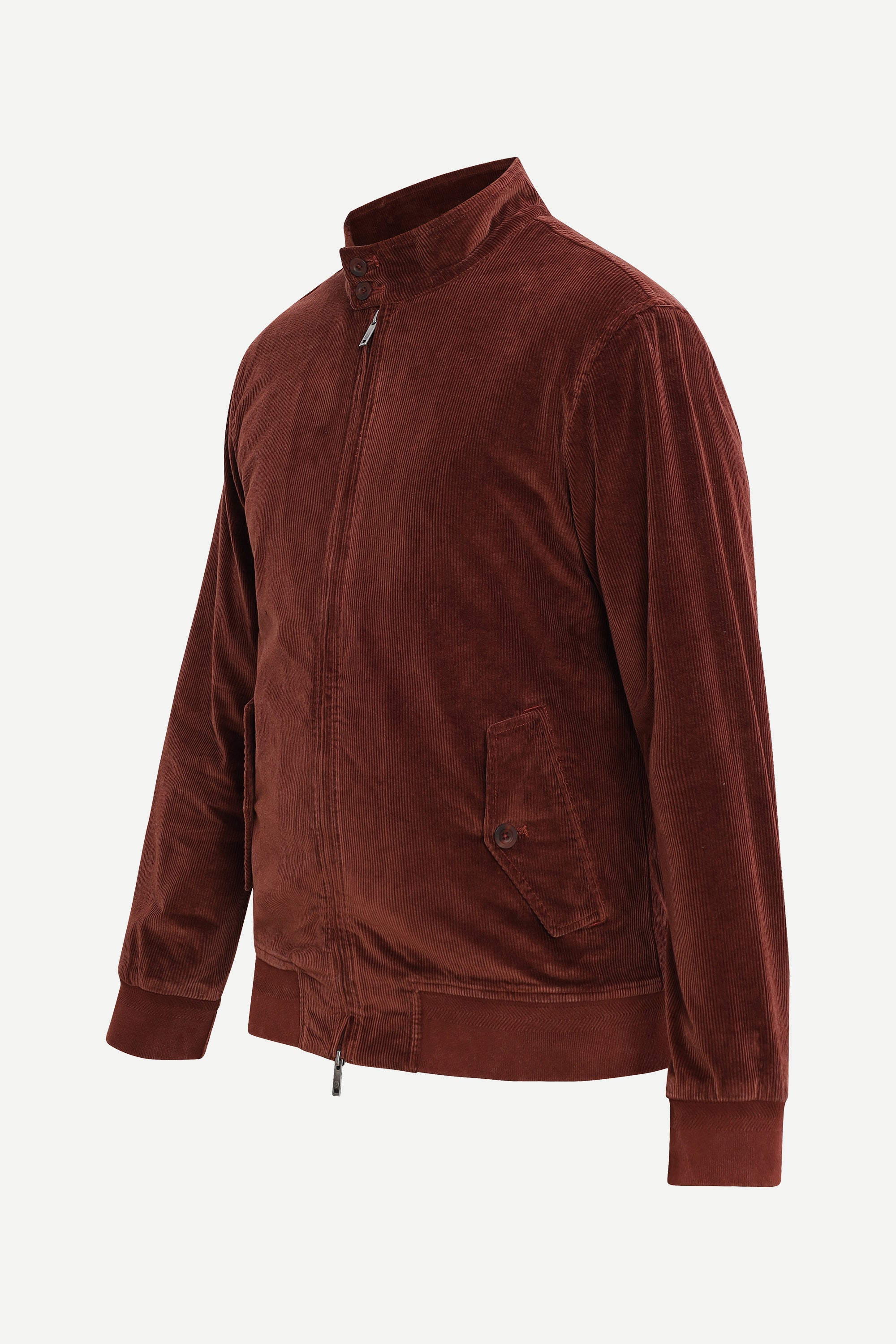 THM Corduroy Harrington Jacket in Wine with slanted button-flap pockets and rib-knit hem and cuffs