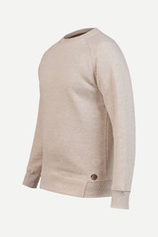 Ecru Crew Neck Sweatshirt Series IX, angled view with ribbed collar and THM logo