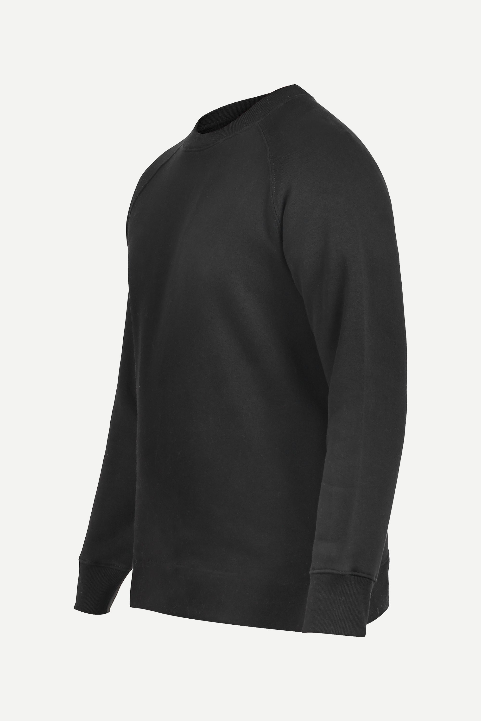 Black Crew Neck Sweatshirt Series IX, angled view with ribbed collar and raglan sleeve