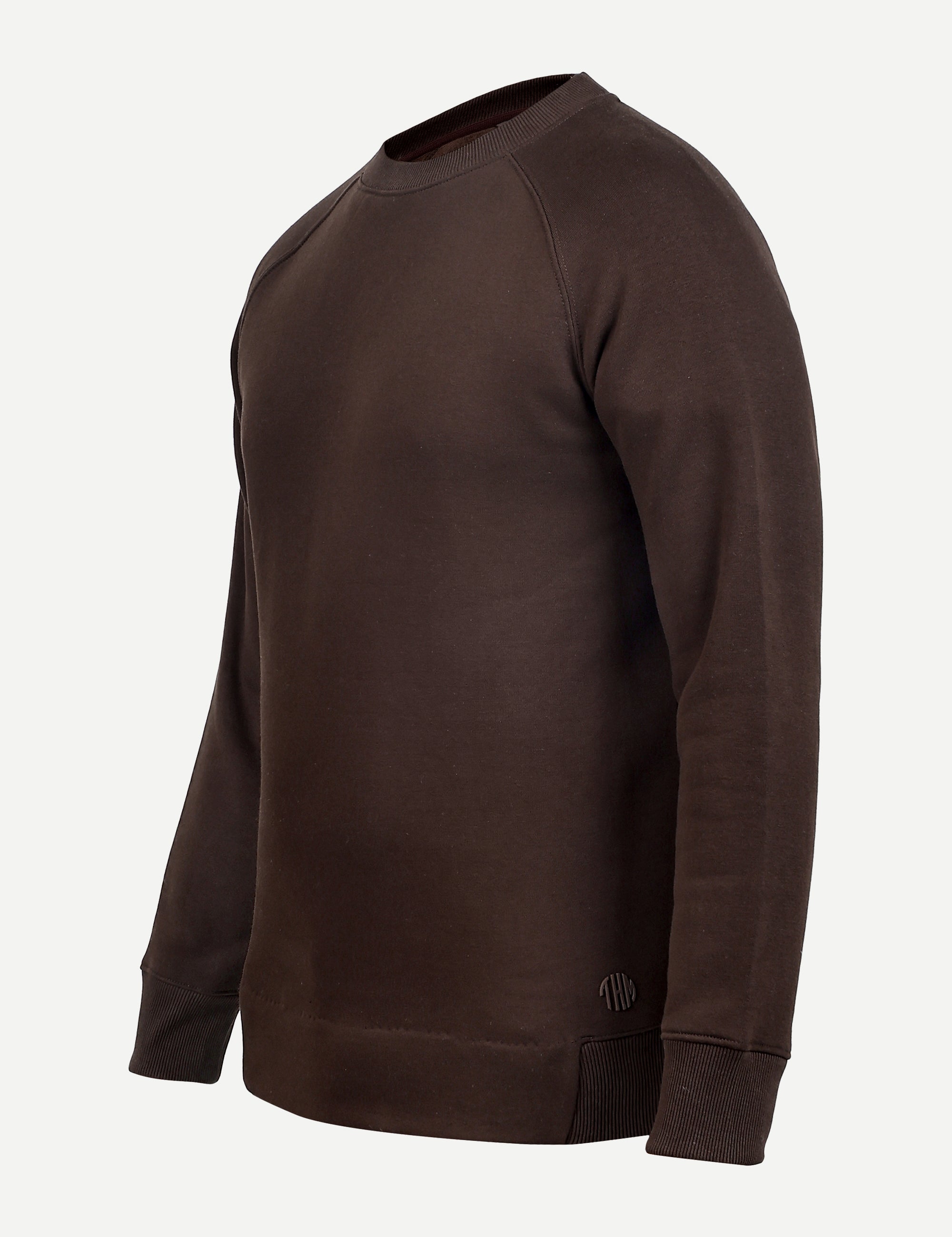 Coffee Crew Neck Sweatshirt Series IX, angled view with ribbed collar and THM logo