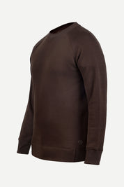 Coffee Crew Neck Sweatshirt Series IX, angled view with ribbed collar and THM logo