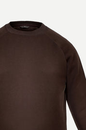 THM Crew Neck Sweatshirt Series IX in Coffee, close-up of the ribbed collar and raglan sleeve