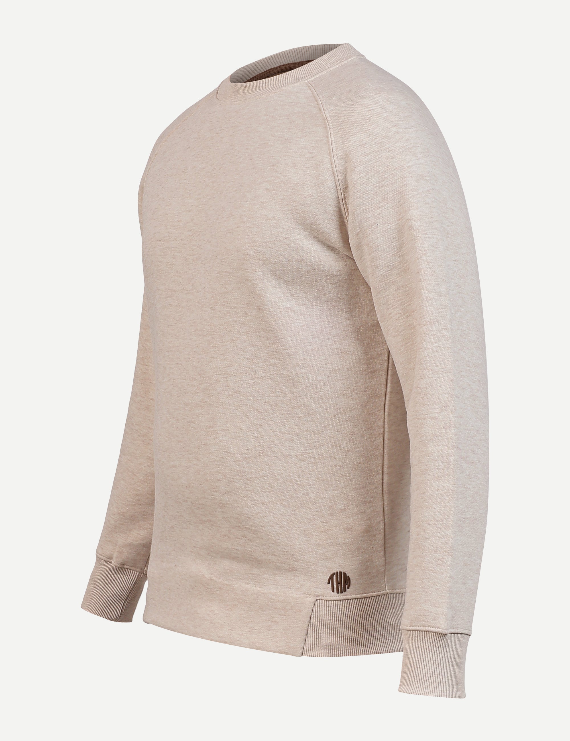 Ecru Crew Neck Sweatshirt Series IX, angled view with ribbed collar and THM logo