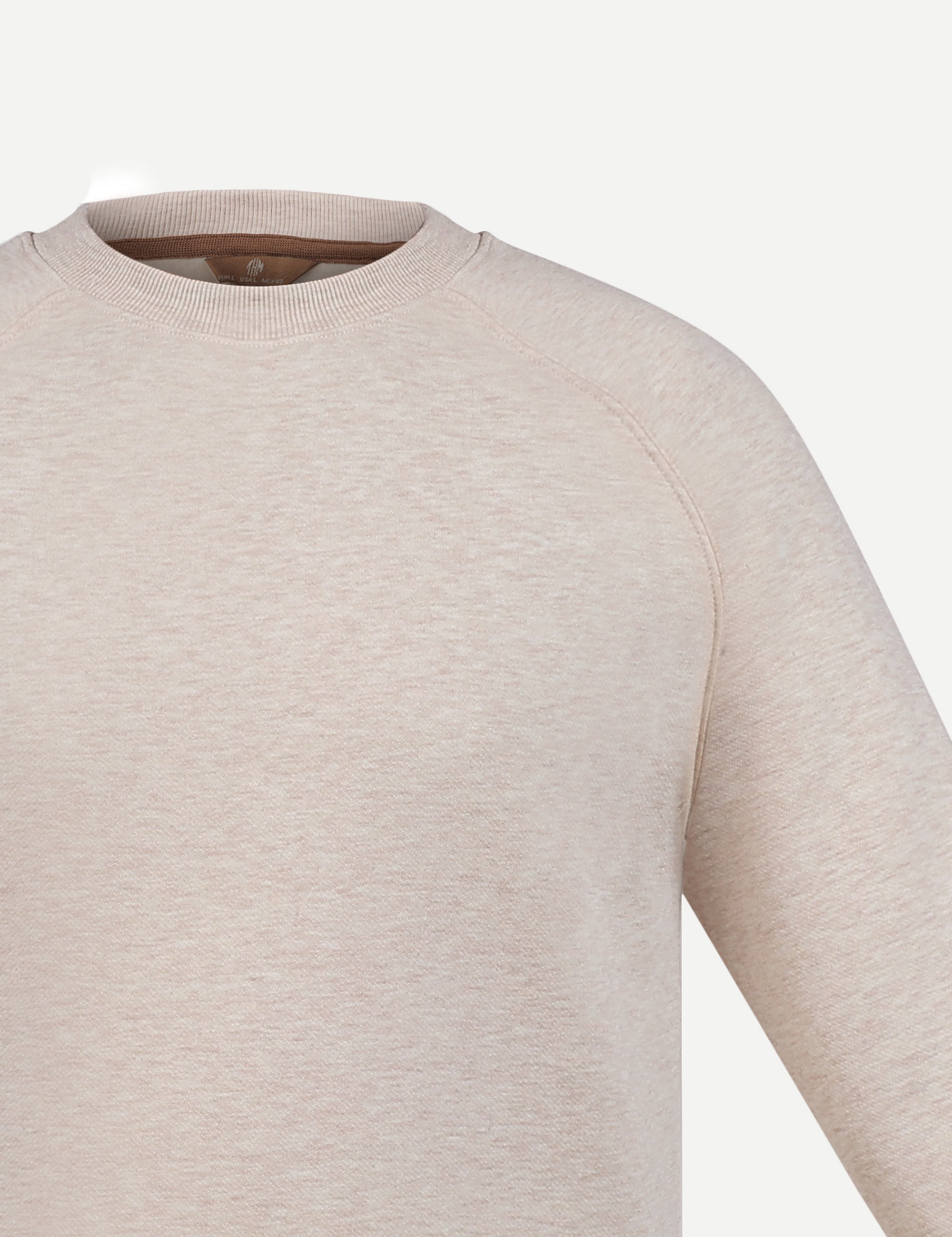 THM Crew Neck Sweatshirt Series IX in Ecru, close-up of the ribbed collar and raglan sleeve