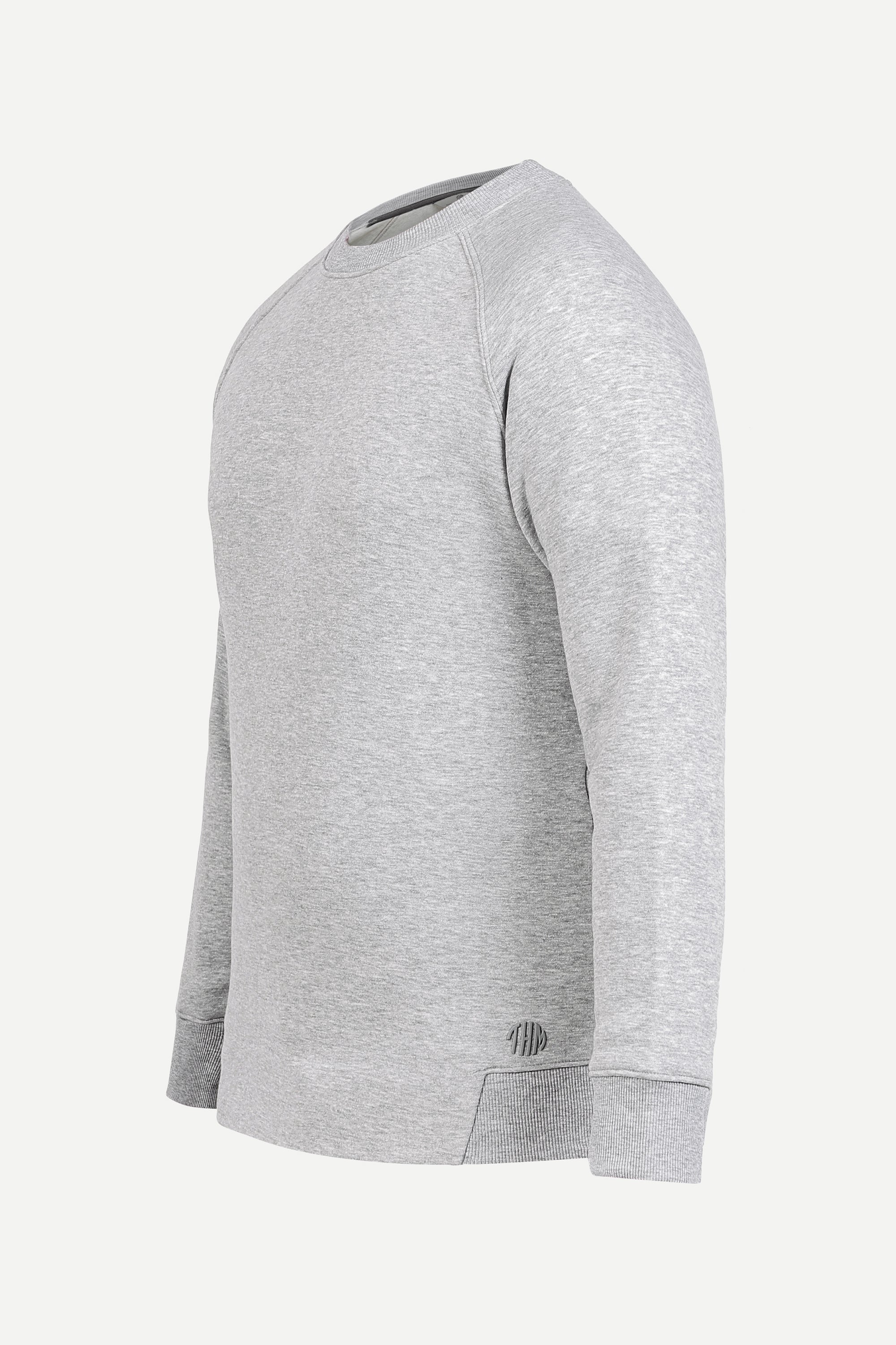 Grey Melange Crew Neck Sweatshirt Series IX, angled view with ribbed collar and THM logo