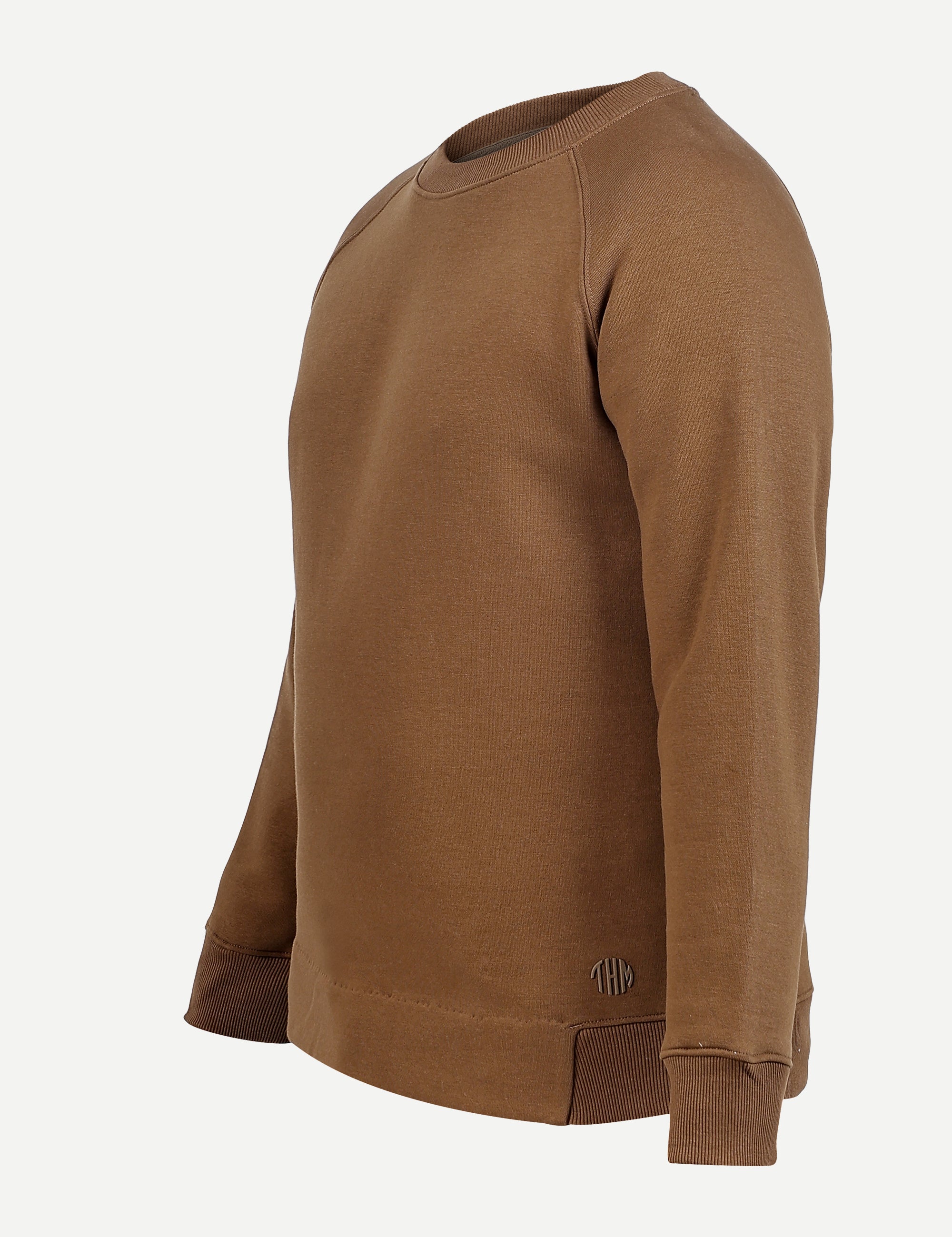 Khaki Crew Neck Sweatshirt Series IX, angled view with ribbed collar and THM logo