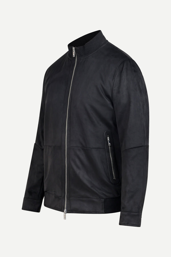 THM Ribbed Collar Suede Jacket in Black