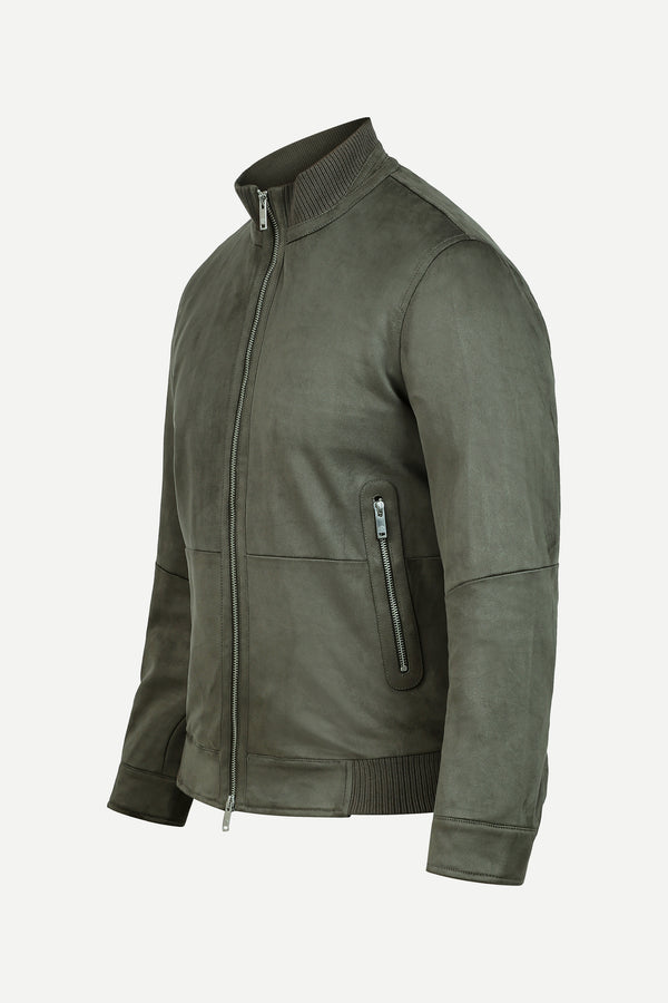 THM Ribbed Collar Suede Jacket in Olive