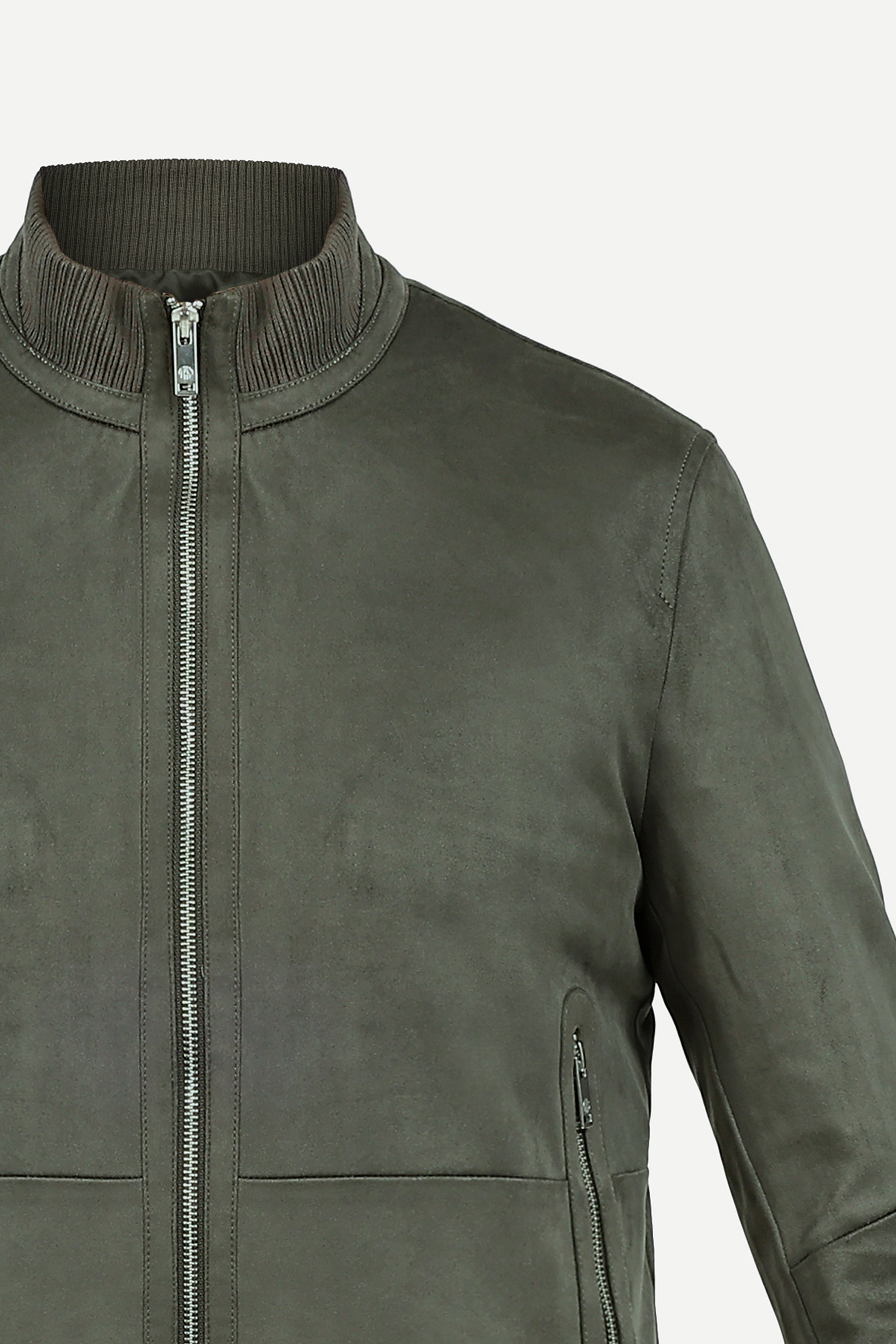 THM Ribbed Collar Suede Jacket in Olive